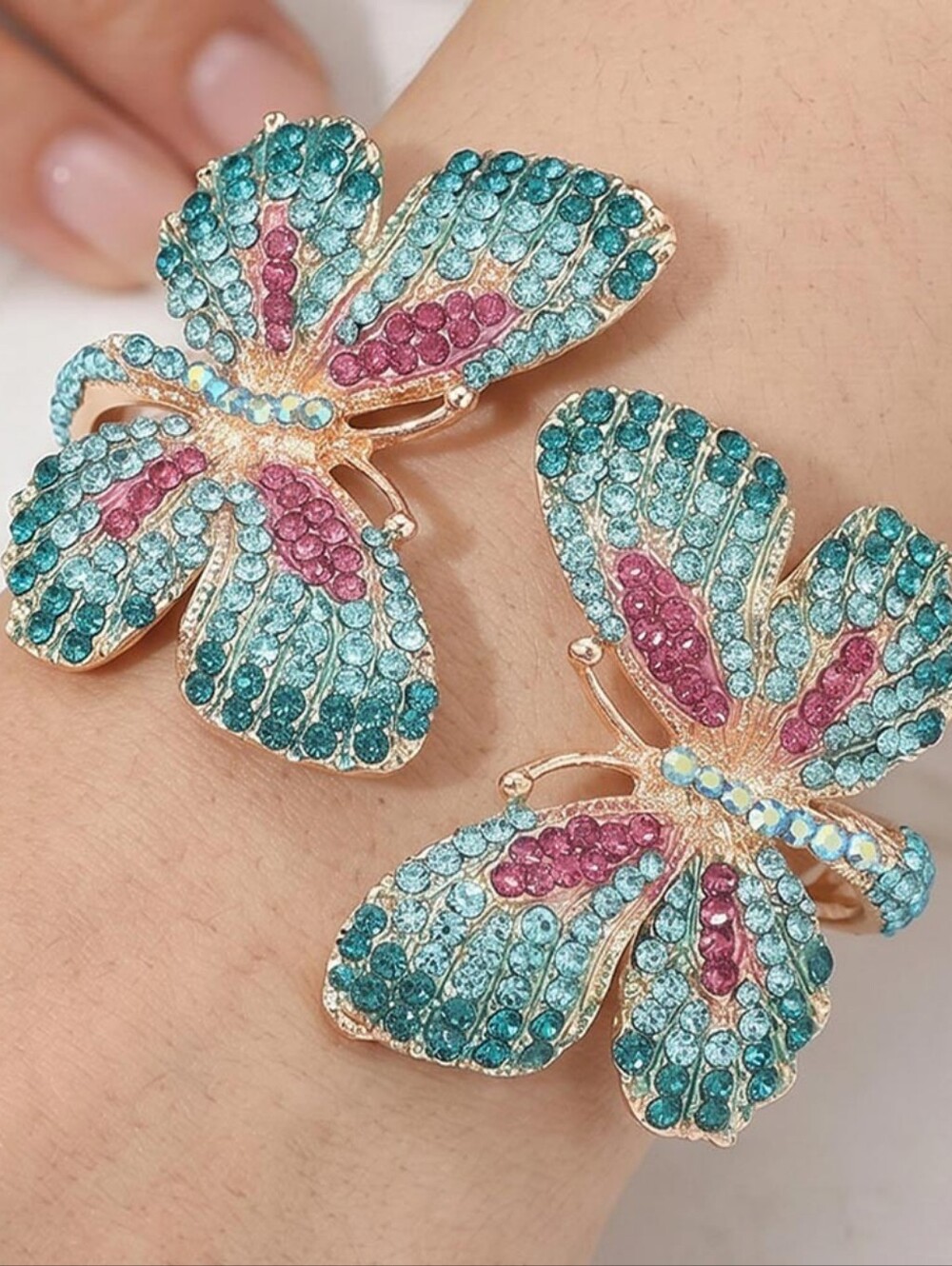 Rhinestone Embellished Double Butterfly Hinged Bangle Bracelet